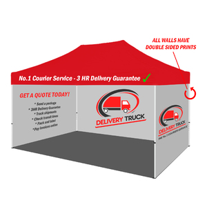 Promotional Gazebo Display 4.5m x 3m with one Full Colour Double Sided Printed 4.5 m Back Wall and 2 Full Side walls. Internal and External Print On