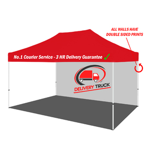 Promotional Gazebo Display 4.5m x 3m with one Full Colour Double Sided Printed 4.5 meter Back Wall. Internal and External Print.