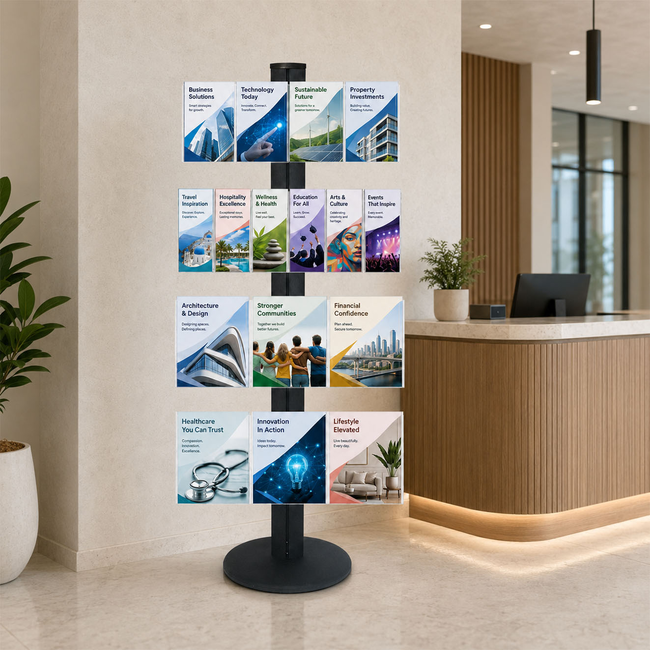 Freestanding 1800mm Black Combo  Brochure Holder 6 DL, 6 A4 & 4 A5