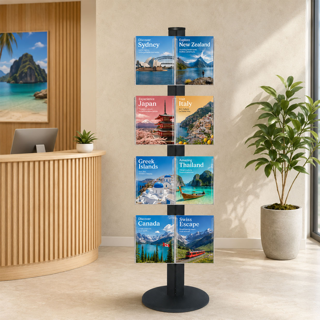 Freestanding 1800mm Black Combo  Brochure Holder 8 A4