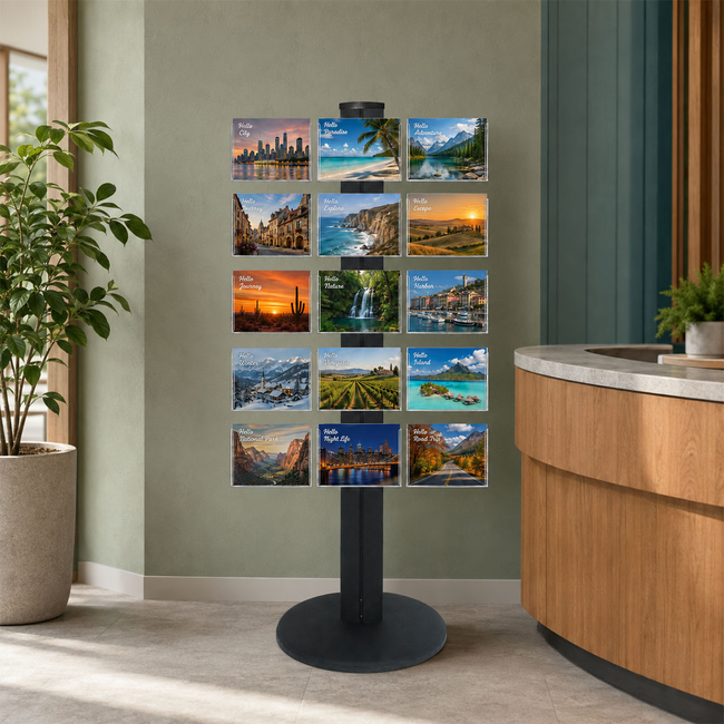 Freestanding 1450mm Black Combo  Brochure Holder 15 Landscape Postcard Holders