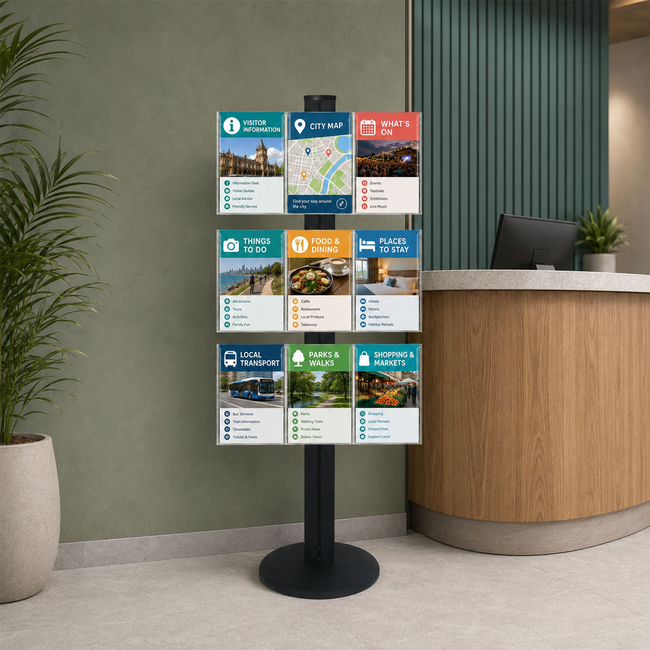 Freestanding 1450mm Black Combo  Brochure Holder 9 A4