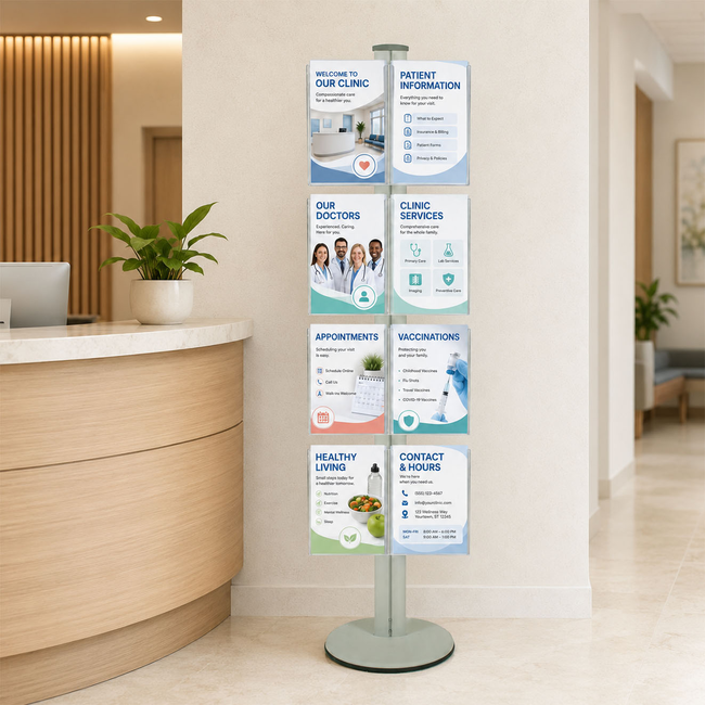 Freestanding 1800mm Silver Combo  Brochure Holder 8 A4