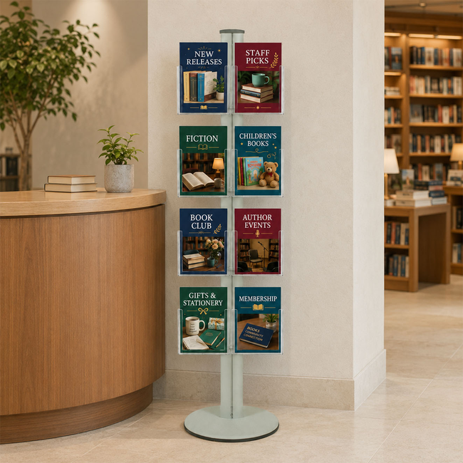 Freestanding 1800mm Silver Combo  Brochure Holder 8 A5