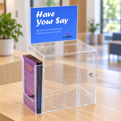 Premium Acrylic Clear Suggestion Box with A5 Display with DL Brochure Holder on side