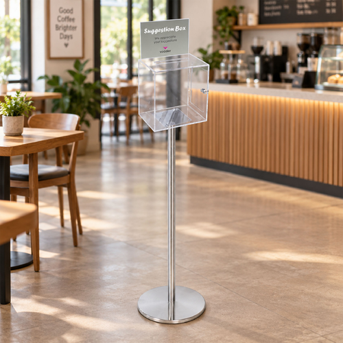 Premium Clear Suggestion Box with A5 Display on Silver Pole and Base