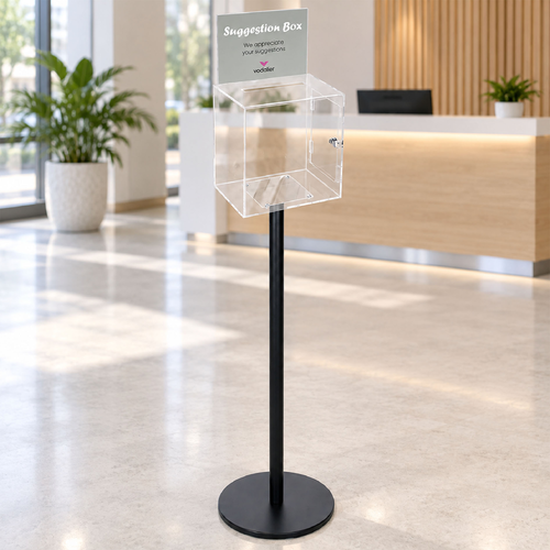 Premium Clear Suggestion Box with A5 Display on Black Pole and Base