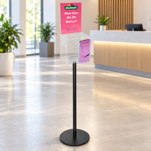 Premium Clear Suggestion Box with A4 Display on Black Pole and Base with DL Brochure Holder