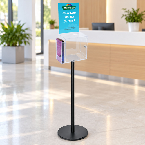 Premium Clear Suggestion Box with A4 Display on Black Pole and Base with DL Brochure Holder on Side