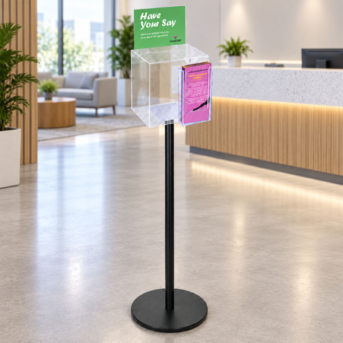 Premium Clear Suggestion Box with A5 Display on Black Pole and Base with DL Brochure Holder