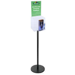 Premium Clear Suggestion Box with A4 Display on Black Pole and Base with DL Brochure Holder and Pen Holder
