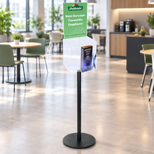 Premium Clear Suggestion Box with A4 Display on Black Pole and Base with DL Brochure Holder and Pen Holder