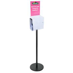 Premium Clear Suggestion Box with A4 Display on Black Pole and Base with DL Brochure Holder and Pen Holder on Side