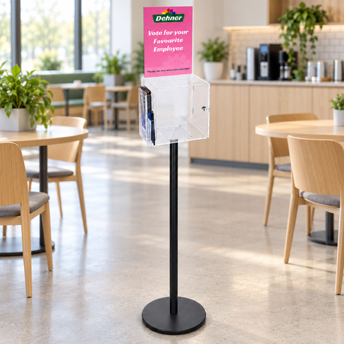 Premium Clear Suggestion Box with A4 Display on Black Pole and Base with DL Brochure Holder and Pen Holder on Side