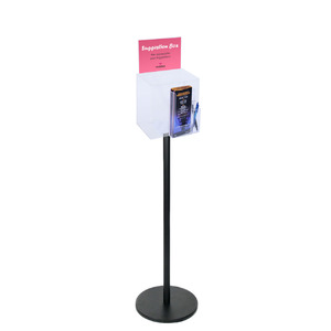 Premium Clear Suggestion Box with A5 Display on Black Pole and Base with DL Brochure Holder and Pen Holder