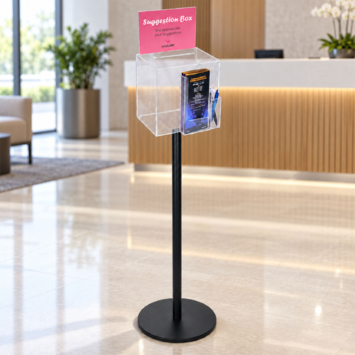 Premium Clear Suggestion Box with A5 Display on Black Pole and Base with DL Brochure Holder and Pen Holder