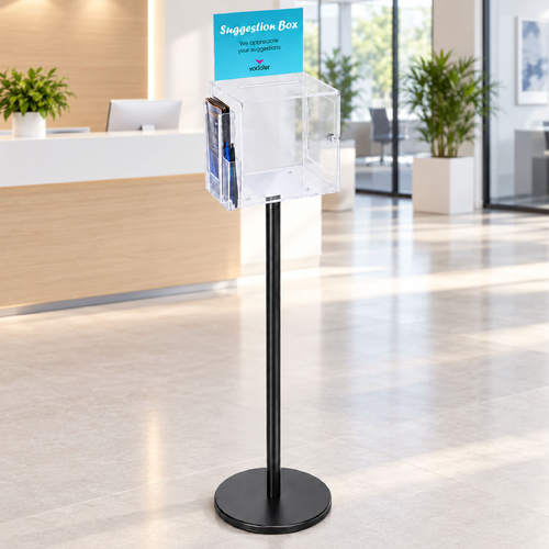 Premium Clear Suggestion Box with A5 Display on Black Pole and Base with DL Brochure Holder and Pen Holder on Side