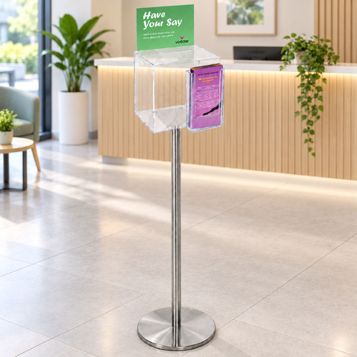 Premium Clear Suggestion Box with A5 Display on Silver Pole and Base with DL Brochure Holder