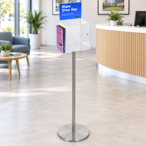 Premium Clear Suggestion Box with A5 Display on Silver Pole and Base with DL Brochure Holder on Side