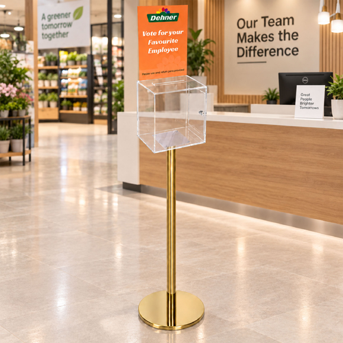 Premium Clear Suggestion Box with A4 Display on Gold Pole and Base