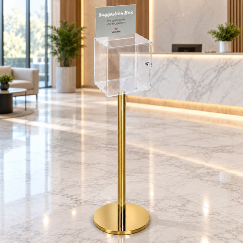 Premium Clear Suggestion Box with A5 Display on Gold Pole and Base