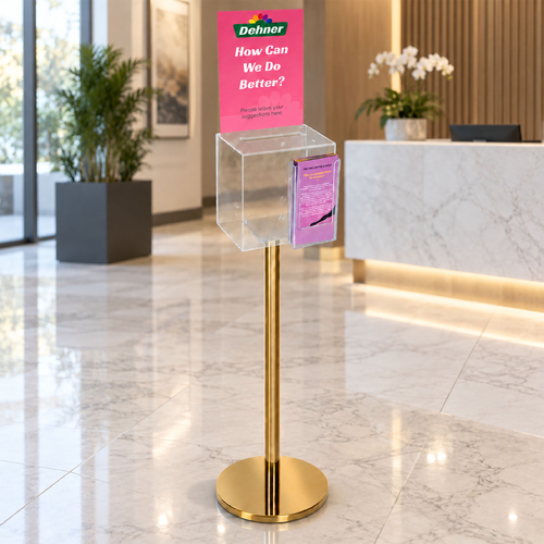 Premium Clear Suggestion Box with A4 Display on Gold Pole and Base with DL Brochure Holder