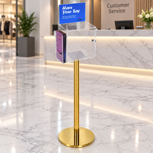 Premium Clear Suggestion Box with A5 Display on Gold Pole and Base with DL Brochure Holder on Side