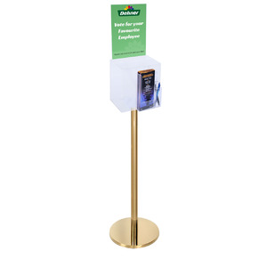 Premium Clear Suggestion Box with A4 Display on Gold Pole and Base with DL Brochure Holder and Pen Holder