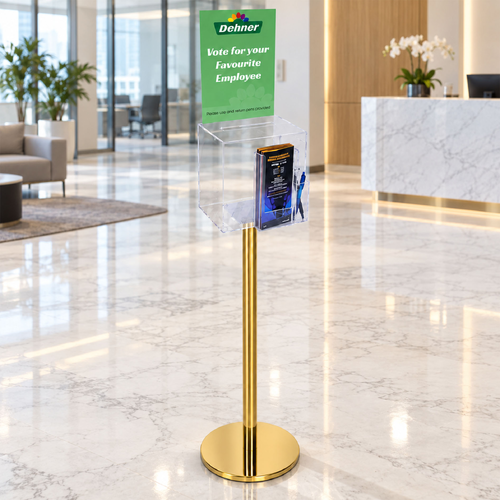 Premium Clear Suggestion Box with A4 Display on Gold Pole and Base with DL Brochure Holder and Pen Holder