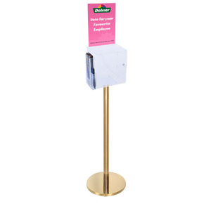 Premium Clear Suggestion Box with A4 Display on Gold Pole and Base with DL Brochure Holder and Pen Holder on Side