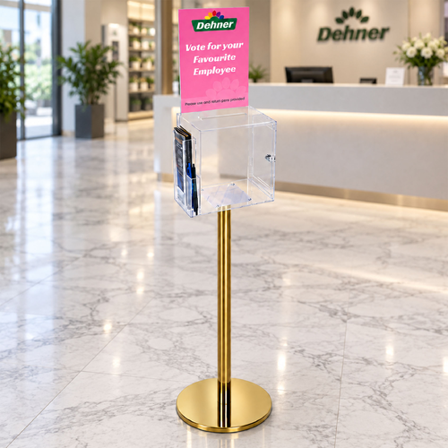 Premium Clear Suggestion Box with A4 Display on Gold Pole and Base with DL Brochure Holder and Pen Holder on Side
