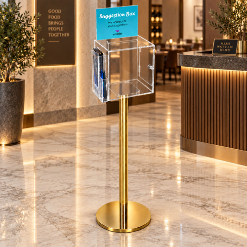 Premium Clear Suggestion Box with A5 Display on Gold Pole and Base with DL Brochure Holder and Pen Holder on Side