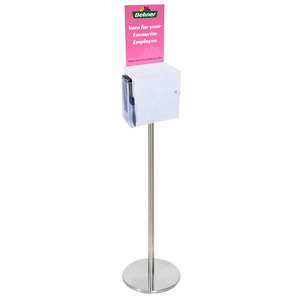Premium Clear Suggestion Box with A4 Display on Silver Pole and Base with DL Brochure Holder and Pen Holder on Side