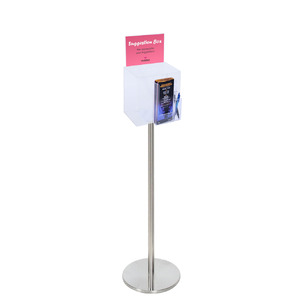 Premium Clear Suggestion Box with A5 Display on Silver Pole and Base with DL Brochure Holder and Pen Holder