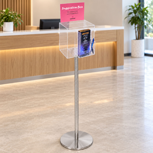 Premium Clear Suggestion Box with A5 Display on Silver Pole and Base with DL Brochure Holder and Pen Holder