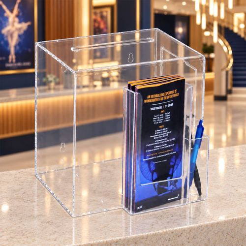 Premium Acrylic Clear Suggestion Box with DL Brochure Holder and Pen Holder