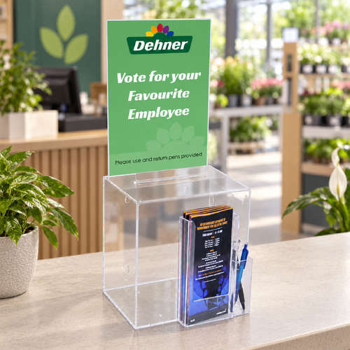 Premium Acrylic Clear Suggestion Box with A4 Display and DL Brochure Holder and Pen Holder