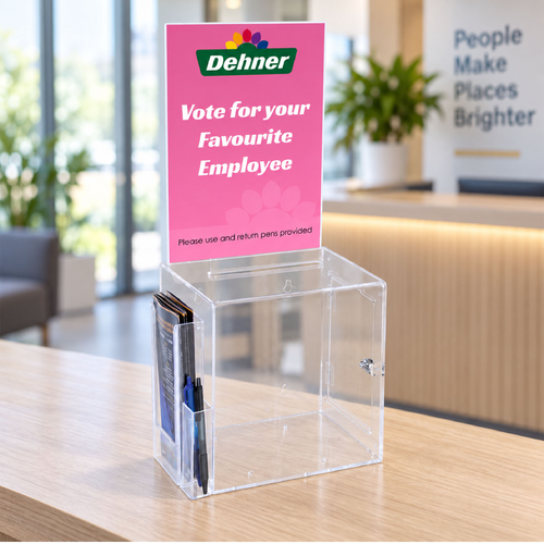 Premium Acrylic Clear Suggestion Box with A4 Display and DL Brochure Holder and Pen Holder on side