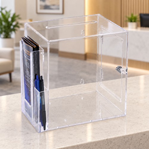 Premium Acrylic Clear Suggestion Box with DL Brochure Holder and Pen Holder on side