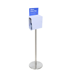 Premium Frosted Suggestion Box with A5 Display on Silver Pole and Base with DL Brochure Holder and Pen Holder on Side