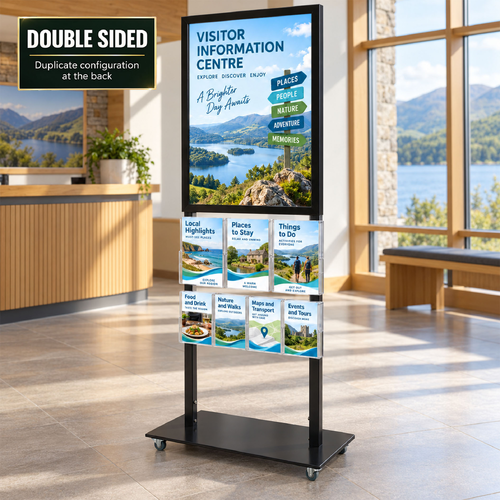 Tall Info Stand -  A1 Snap Frame with 3 A4 + 4 A5 Brochure Holders Double Sided