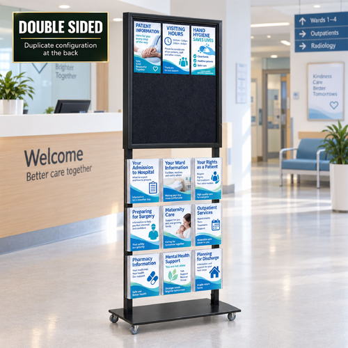 Tall Info Stand - 1 Felt Board with  9 A4 Brochure Holders - DOUBLE SIDED