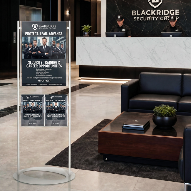 Premium Acrylic 1450mm Lobby Stand Holds A2 Poster Double Sided with 2 A4 Brochure Holders on one side