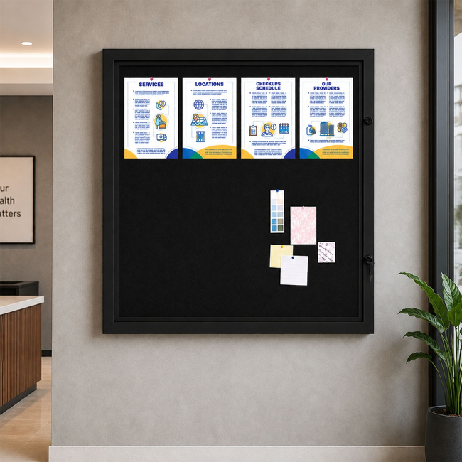 Black Lockable Magnetic Notice Board (Holds 12 x A4 Sheets)