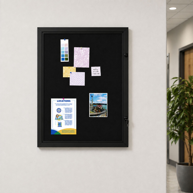 Black Lockable Magnetic Notice Board (Holds 9 x A4 Sheets)