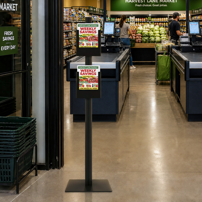 Black Retail Stand with 2 A4 Black Steel Brochure Holders on one side