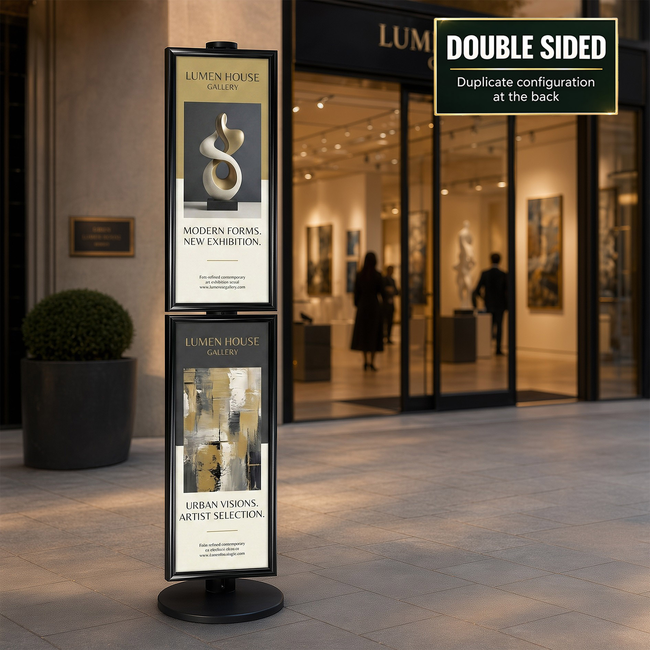 2 x Half A1 Poster Holders on Black Combo Pole 1800mm High - Double Sided