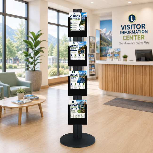 4 x A4 Black Brochure Holders on 1.8m Black Combo Pole