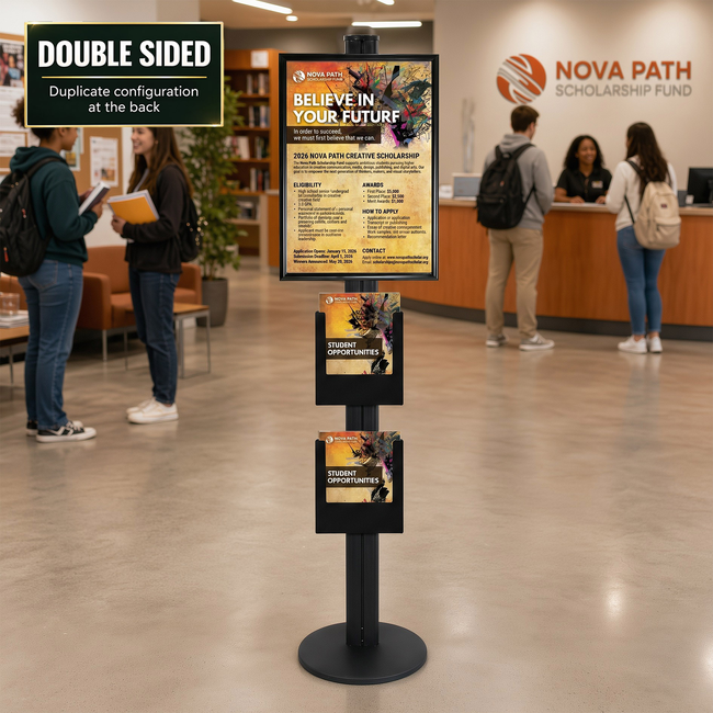 A2 Snap Frame and 2 x A4 Black Brochure Holder on 1.8m Black Combo Pole Double Sided