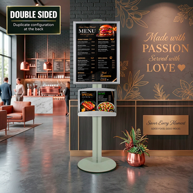 A1 Snap Frame and Brochure Tray Double Sided on 1.8m Silver Combo Pole
